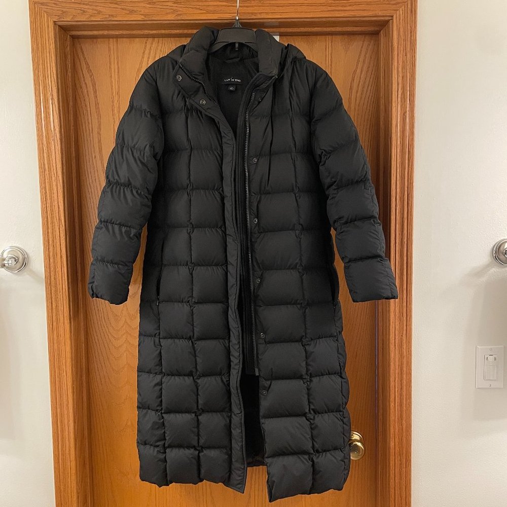 Lands End Goose Down Maxi Puffer Long Winter Coat Jacket Hooded Black